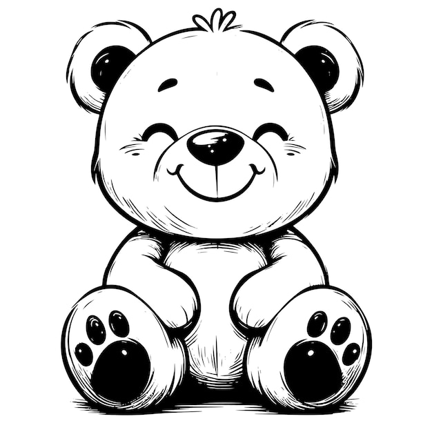 PSD black and white silhouette outline drawing of a white cute funny happy teddy bear