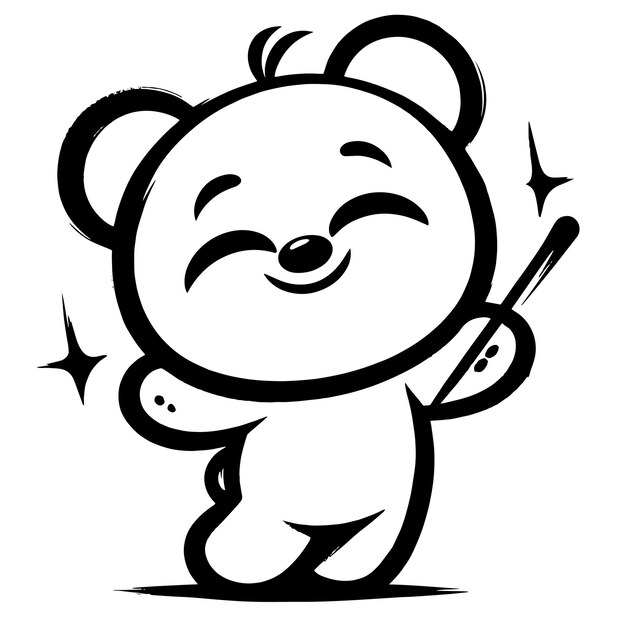 PSD black and white silhouette outline drawing of a white cute funny happy teddy bear