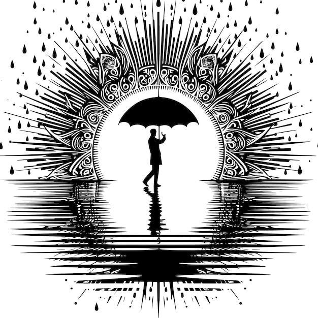 PSD black and white silhouette of people under an umbrella in the rain