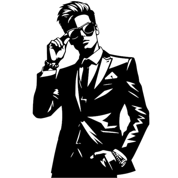 PSD silhouette in bianco e nero di un uomo d'affari intelligente che posa in abito da lavoro
