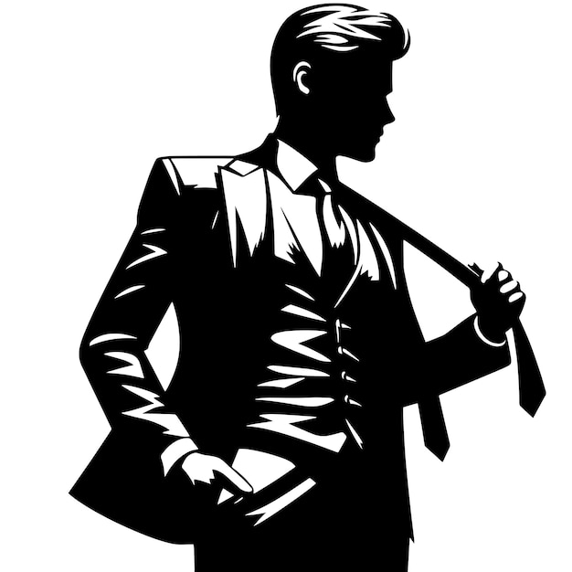 PSD silhouette in bianco e nero di un uomo d'affari intelligente che posa in abito da lavoro