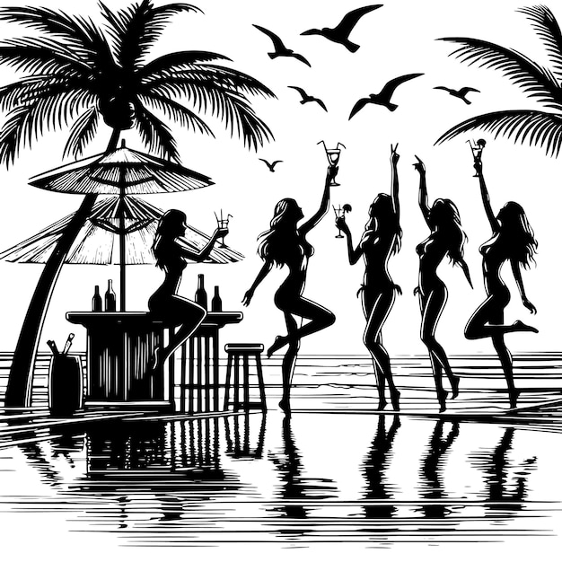 PSD black and white silhouette of a tropical beach party with girls drinks and sun