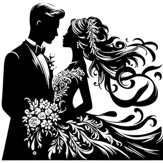 PSD black and white silhouette of a wedding couple standing togehter in a confident way
