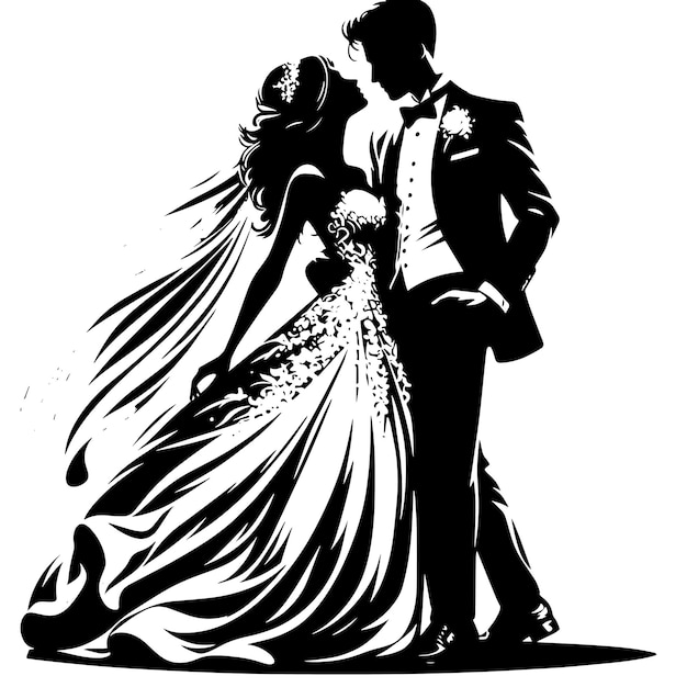 PSD silhouette in bianco e nero di una coppia di sposi in piedi insieme in modo sicuro