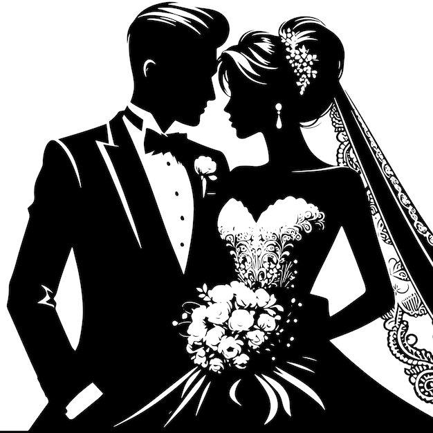 PSD black and white silhouette of a wedding couple standing togehter in a confident way