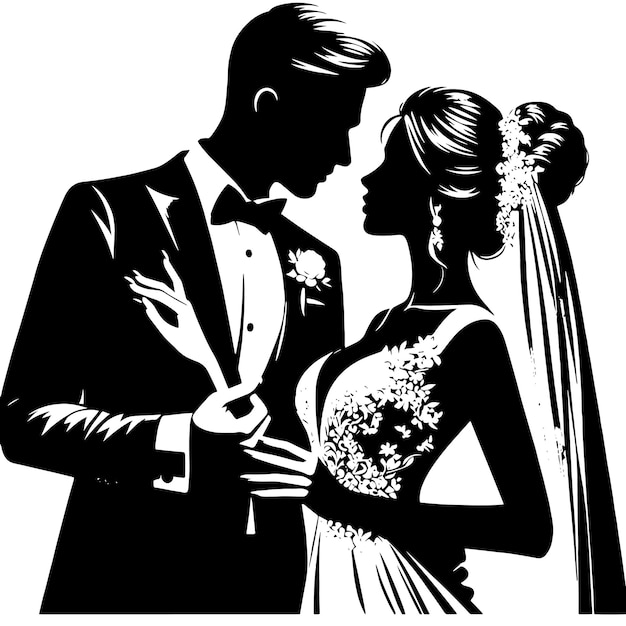 PSD black and white silhouette of a wedding couple standing togehter in a confident way