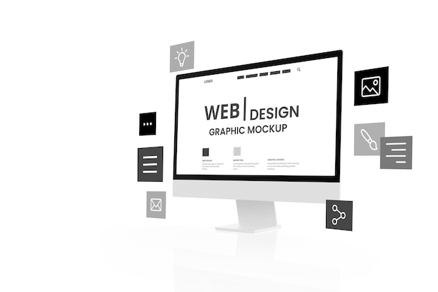 PSD mockup di visualizzazione dello studio di web design in bianco e nero con icone