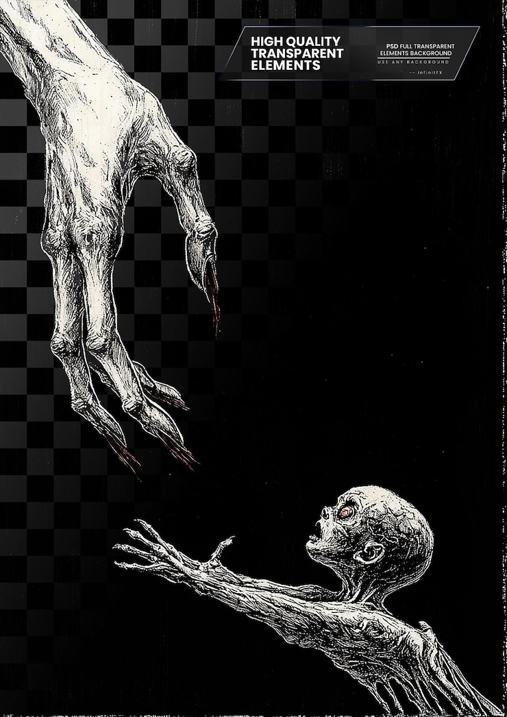 PSD a black and white woodcut of two hands reaching on transparent background