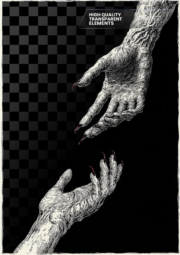 PSD a black and white woodcut of two hands reaching on transparent background