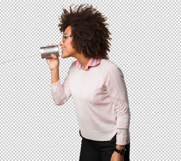 PSD black woman holding a tin can