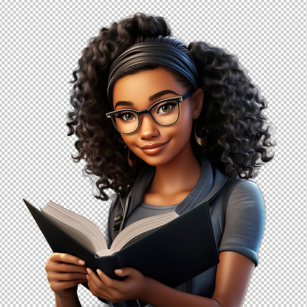 PSD black woman reading 3d cartoon style transparent background iso