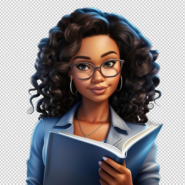 PSD black woman reading 3d cartoon style transparent background iso