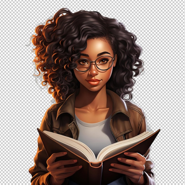 Donna nera che legge in 3d in stile cartone animato con sfondo trasparente iso
