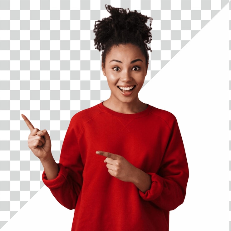 PSD black woman smiling and pointing red shirt
