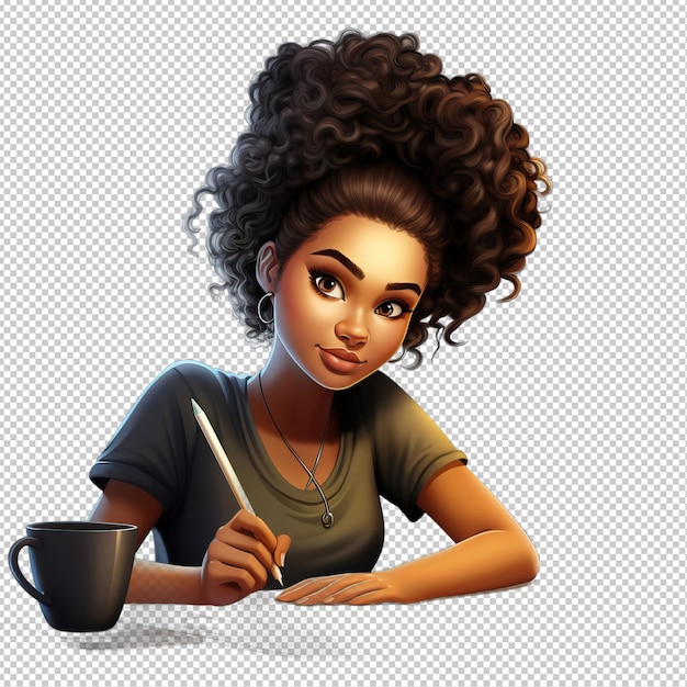 Donna nera che scrive in 3d in stile cartone animato con sfondo trasparente iso