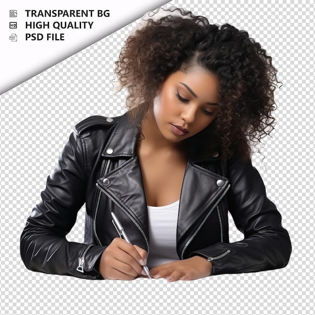 PSD black woman writing ultra realistic style white backgroun