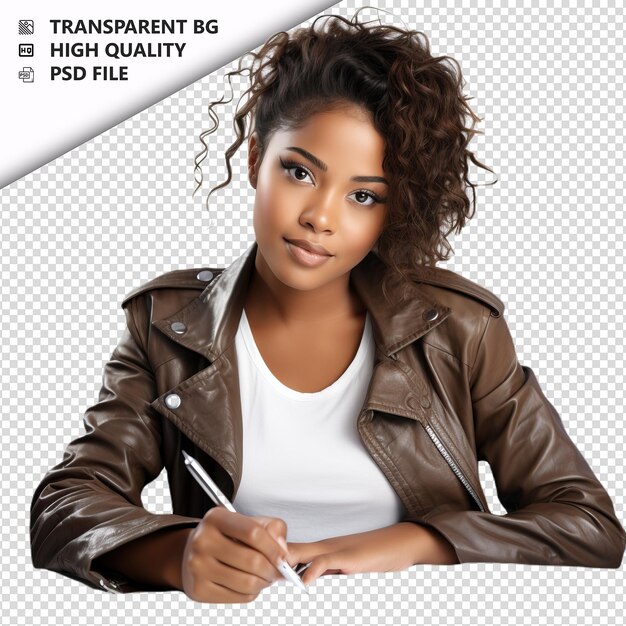 PSD black woman writing ultra realistic style white backgroun