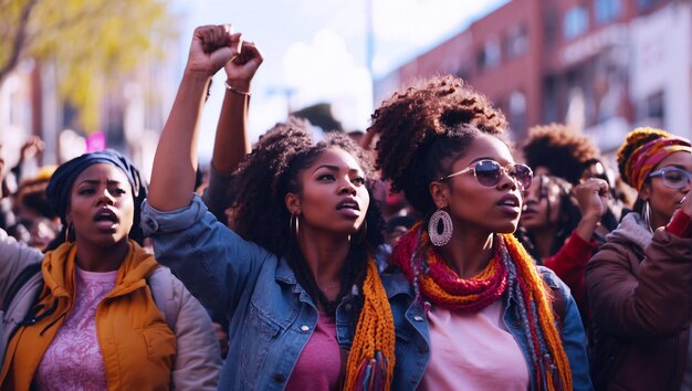 PSD 黒人女性が集まって抗議行進コミュニティでの活動のために武器と拳を挙げました