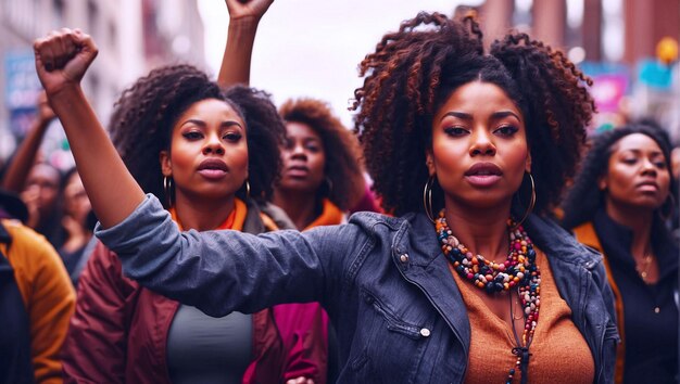 PSD black women march together in protest arms and fists raised in the for activism in the community