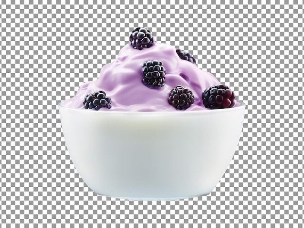 Blackberry yoghurt in bowl advertisement isolated on transparent background