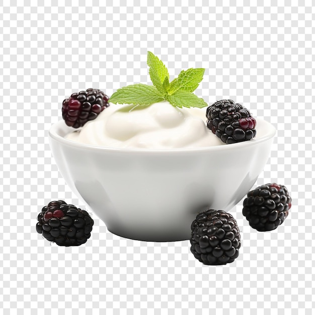 blackberry yoghurt in bowl isolated on transparent background