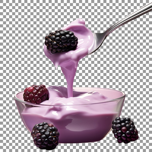 Blackberry yoghurt in bowl with spoon for advertisement isolated on transparent background