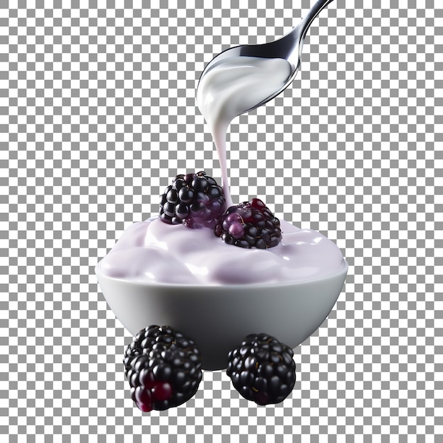 Блэкберри йогурт в миске с ложкой для рекламы, изолированный на прозрачном фоне
