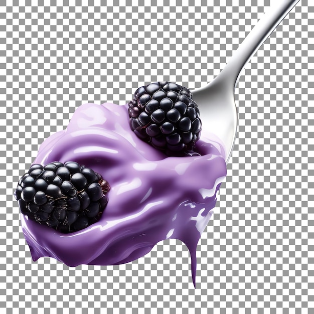 Blackberry yoghurt on spoon for advertisement isolated on transparent background