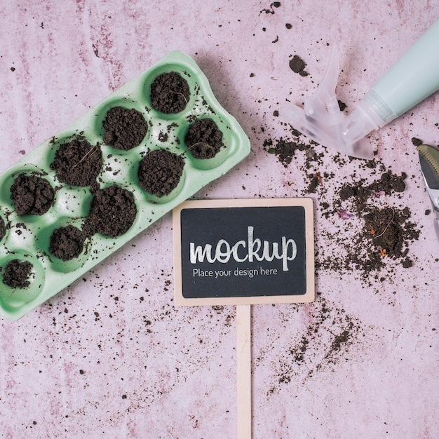 Blackboard mock-up with gardening pots