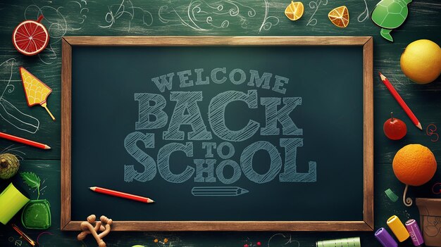 PSD a blackboard with the words welcome back to school written on it.