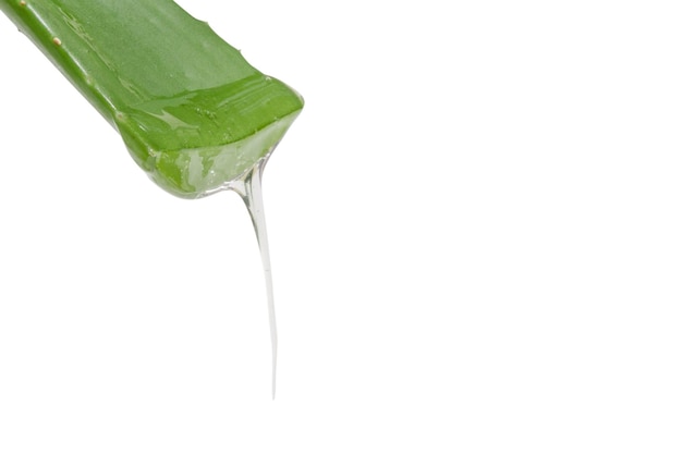 Blad van groene verse aloë vera met druipende heldere gel op een witte achtergrond