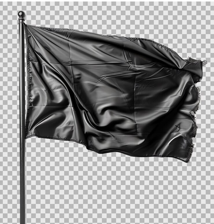 Blank black flag on pole on isolated transparent background