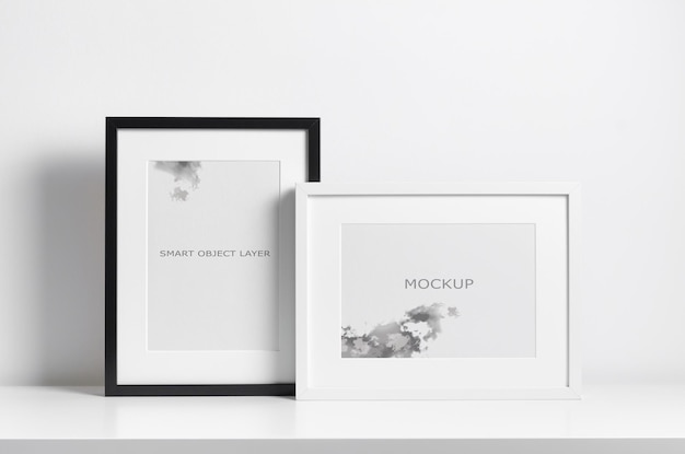 PSD blank black and white frames mockup with passepartout over white