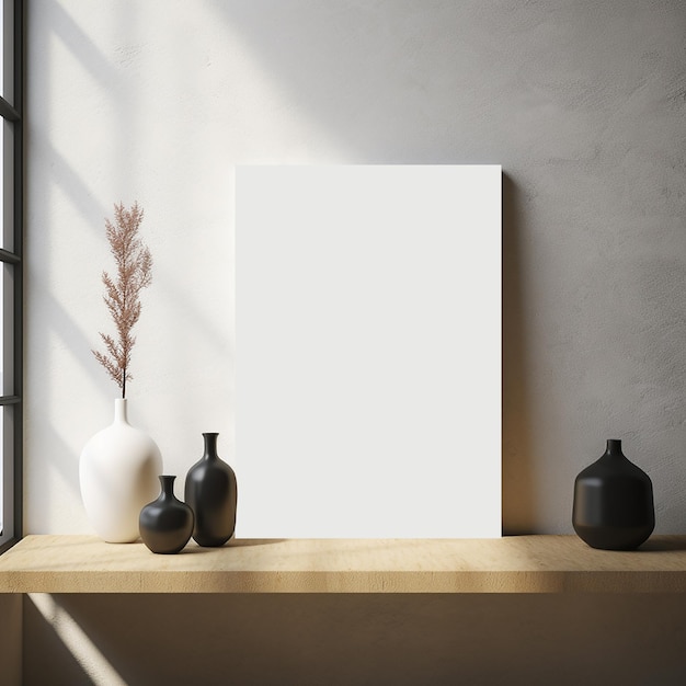 PSD blank canvas mockup on table in minimal setting with direct sunlight