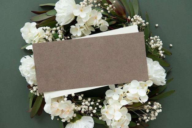 PSD blank card on flowers template mockup
