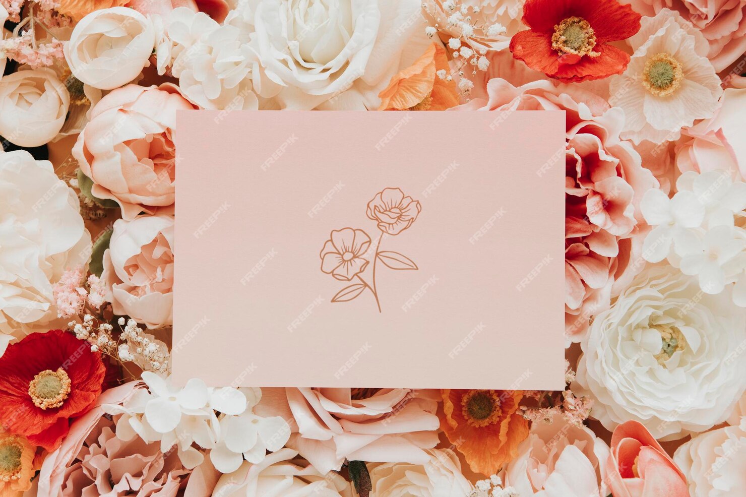 Premium PSD | Blank card on flowers template mockup