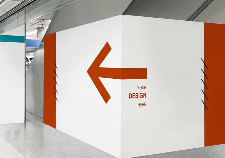 PSD blank exhibition wall mockup at a train station