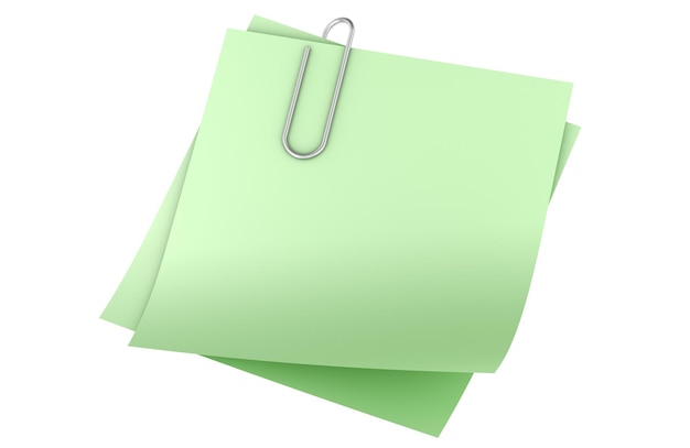 blank green notes paper with paper clip 3d rendering isolated on transparent background
