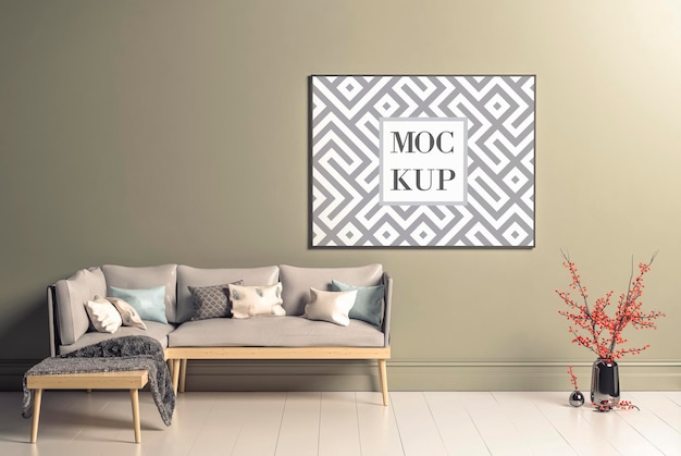 Blank horizontal poster frame mockup in scandinavian style living room interior