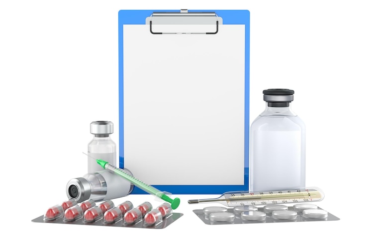PSD blank medical clipboard with medicaments 3d rendering isolated on transparent background