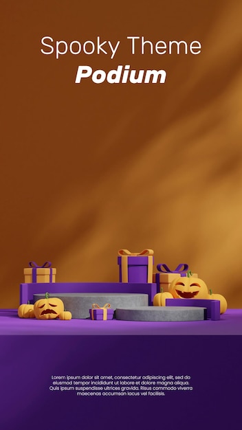 Blank mockup gray concrete podium in portrait gift box and jack o' lantern 3d rendering