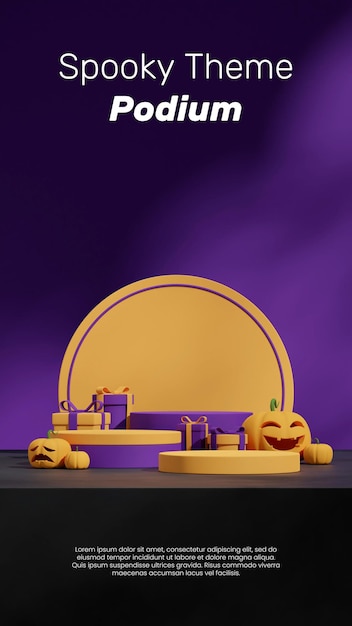 PSD blank mockup purple and yellow podium in portrait gift box and jack o' lantern 3d image render