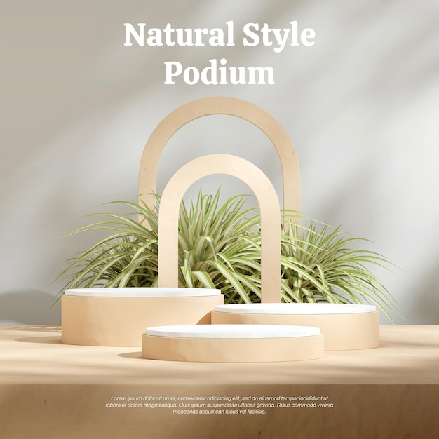 blank mockup white brown cylinder podium in square spider plant and arch backdrop 3d rendering
