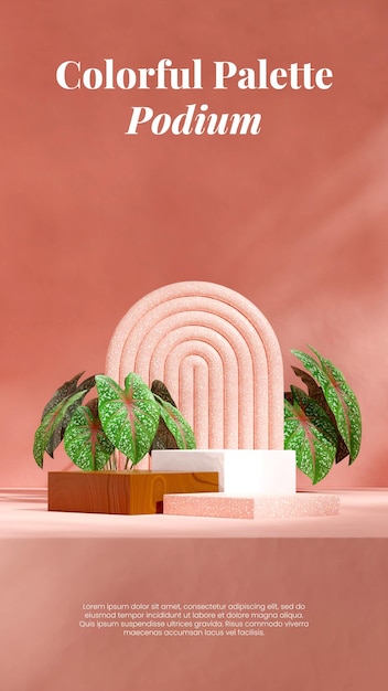 blank mockup white and wood block podium in portrait green caladium and pink arch 3d image render