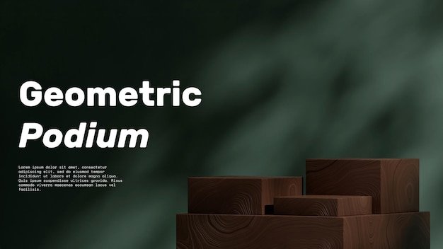 PSD blank mockup wooden block podium in landscape dark green color wall 3d image render