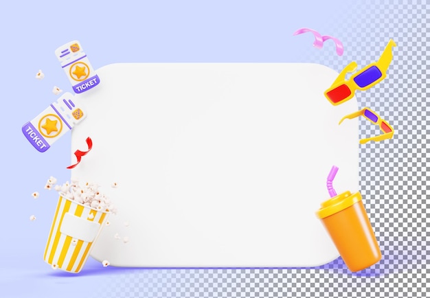 Blank movie poster with ticket popcorn bucket drink 3d glasses and flying confetti icons render online cinema or film festival mockup white ad banner with snack and entertainment