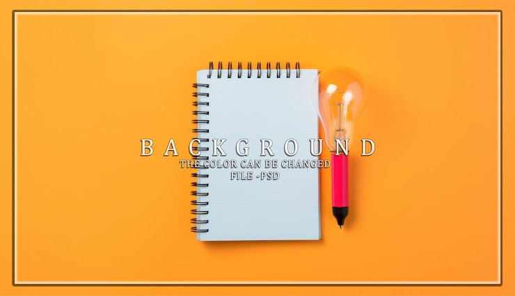 PSD blank notebook and a light bulb pen on a yellow background