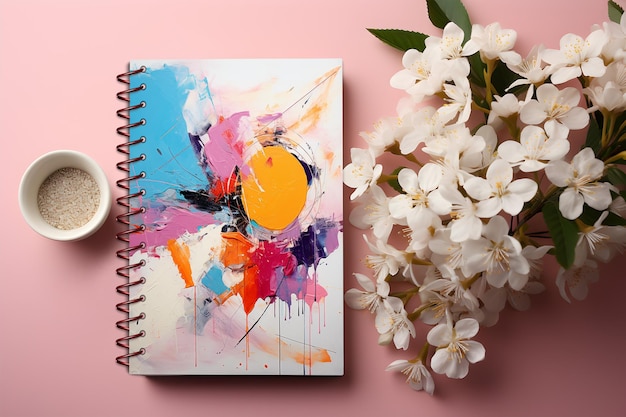PSD blank notebook mockup wtih bloem op roze achtergrond