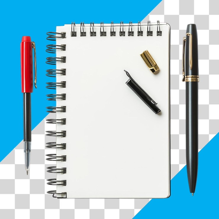 PSD blank notebook with pens on transparent background