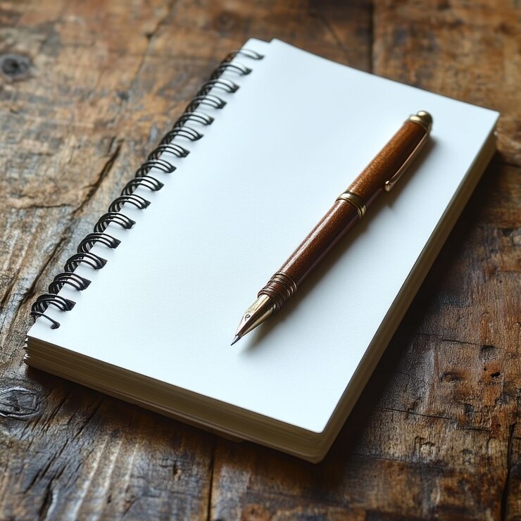 PSD a blank notebook with a wooden pen on a wooden table